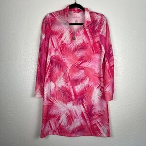 Stella Parker 1/4 Zip Dress‎ Women's Small Pink Tropical Long Sleeve Knee Length